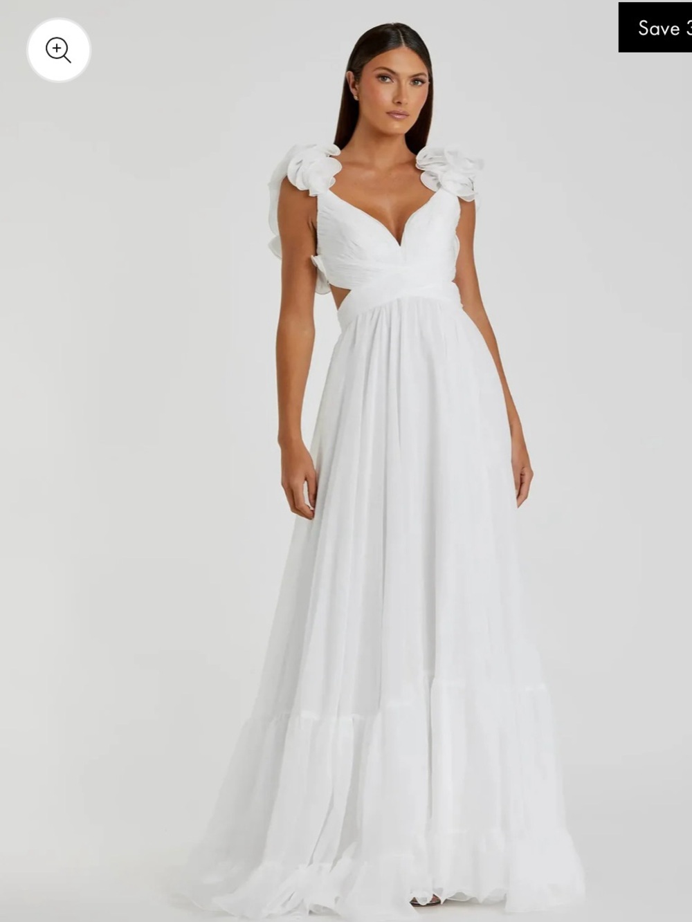 Mac Duggal White Ruffle Tiered Cut-Out Chiffon Gown - Size 0 - Worn Once